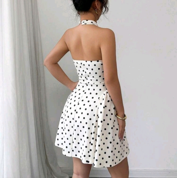New Deep V-Neck Halter Polka Dot Print Waist Cinched Sexy Mini Dress - Picture 2 of 4